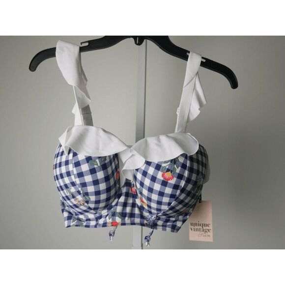 Unique Vintage Plus Size Navy Gingham & Floral Southampton Swim TOP - Picture 3 of 5